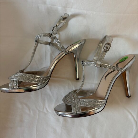 Nina Metallic Silver & Rhinestone High Heel Slingback Sandals Size 9.5M - Picture 11 of 13
